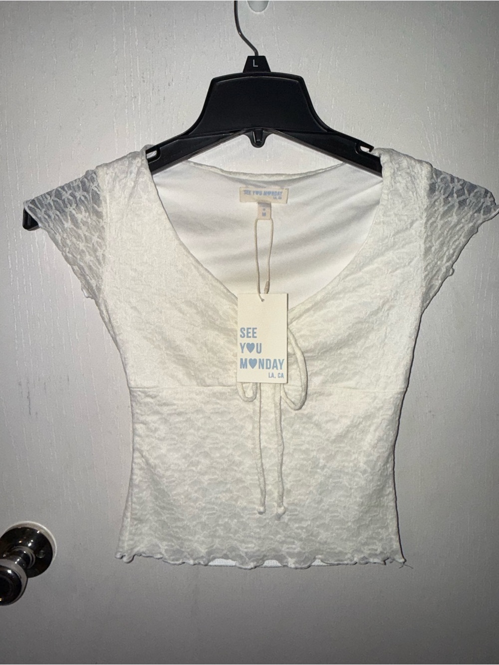 See You Monday White Lace-Trim Scoop Tie Crop Top